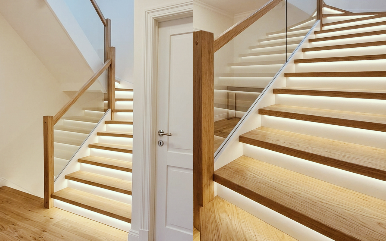 Exklusive Holztreppe mit LED Stufenbeleuchtung und Glas von Pufall Treppen Osterholz-Scharmbeck